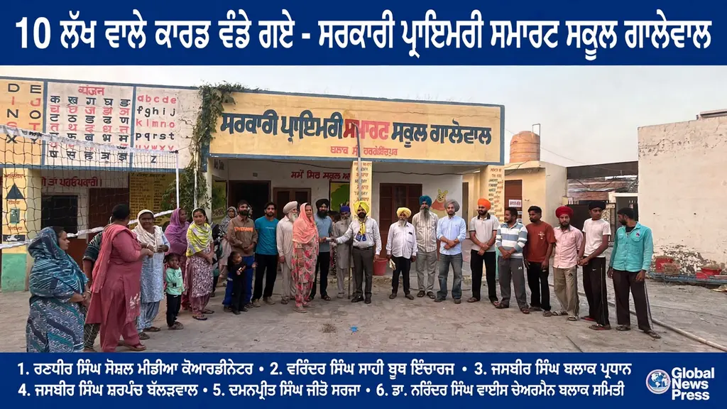 10 ਲੱਖ ਵਾਲੇ ਕਾਰਡ ਵੰਡੇ ਗਏ ਸਰਕਾਰੀ ਪ੍ਰਾਇਮਰੀ ਸਮਾਰਟ ਸਕੂਲ ਗਾਲਗਵਾਲ ਵਿਖੇ ਖੁਸ਼ੀ ਲਹਿਰ ਗਾਲੋਵਾਲ ਬਲਾਕ ਸ੍ਰੀ ਹਰਗੋਬਿੰਦਪੁਰ ਸਾਹਿਬ