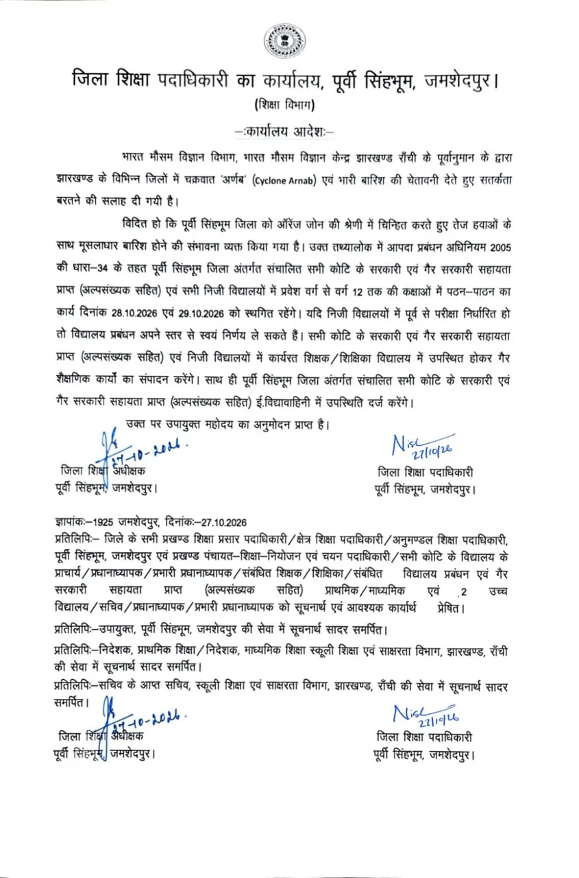 JAMSHEDPUR : चक्रवात और भारी बारिश की चेतावनी : पूर्वी सिंहभूम के सभी स्कूलों में 28 और 29 अक्टूबर को कक्षाएं स्थगित
