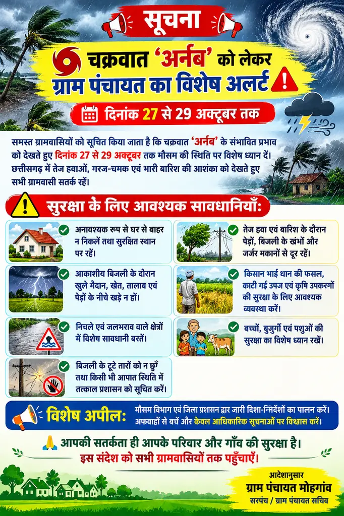 🚨🌪️ चक्रवात ‘अर्नब’ को लेकर ग्राम पंचायत का विशेष अलर्ट 🌧️⚠️