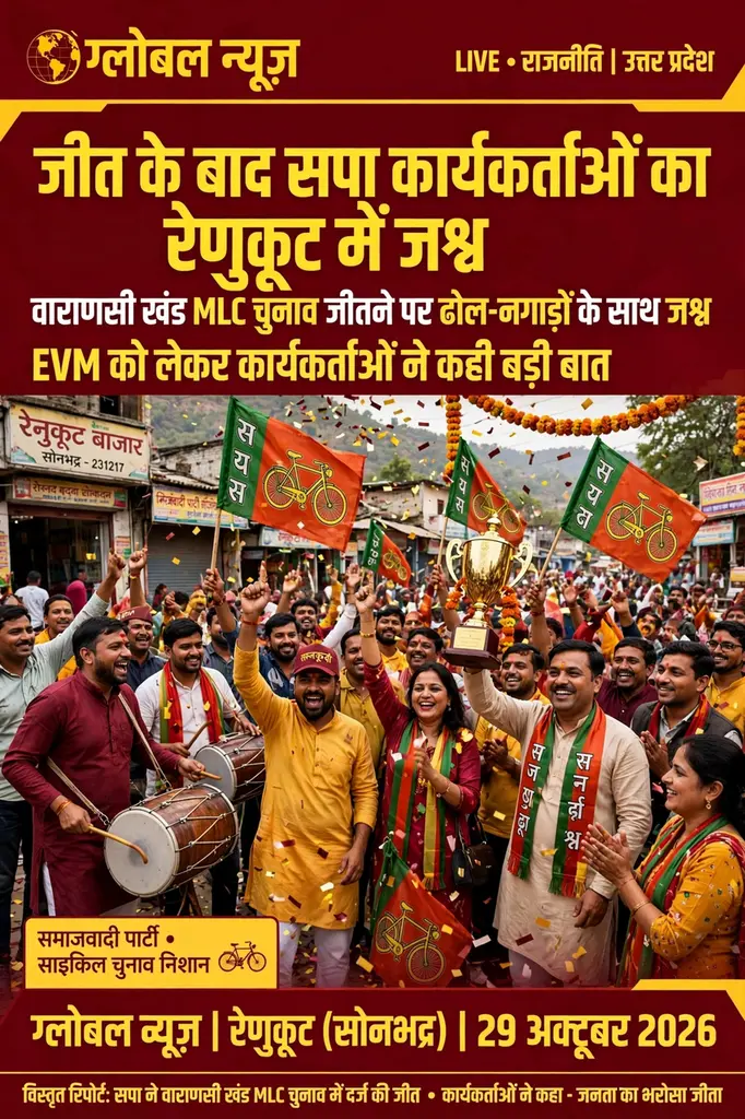 जीत के बाद सपा कार्यकर्ताओं का रेणुकूट में जश्न, वाराणसी खंड MLC चुनाव जीतने पर ढोल-नगाड़ों के साथ मनाया