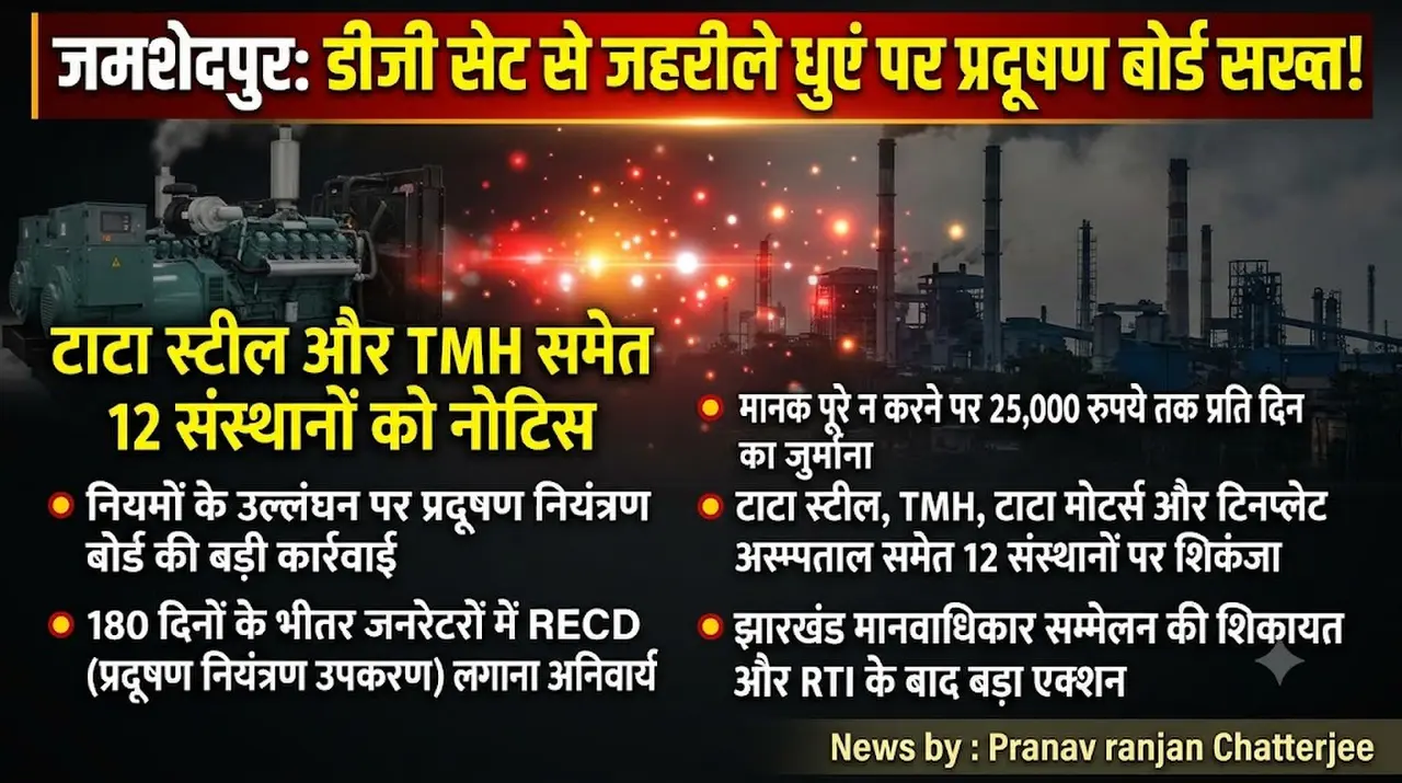 जमशेदपुर: डीजी सेट से जहरीले धुएं पर प्रदूषण नियंत्रण बोर्ड की सख्त कार्रवाई, टाटा स्टील और टीएमएच समेत 12 संस्थानों को