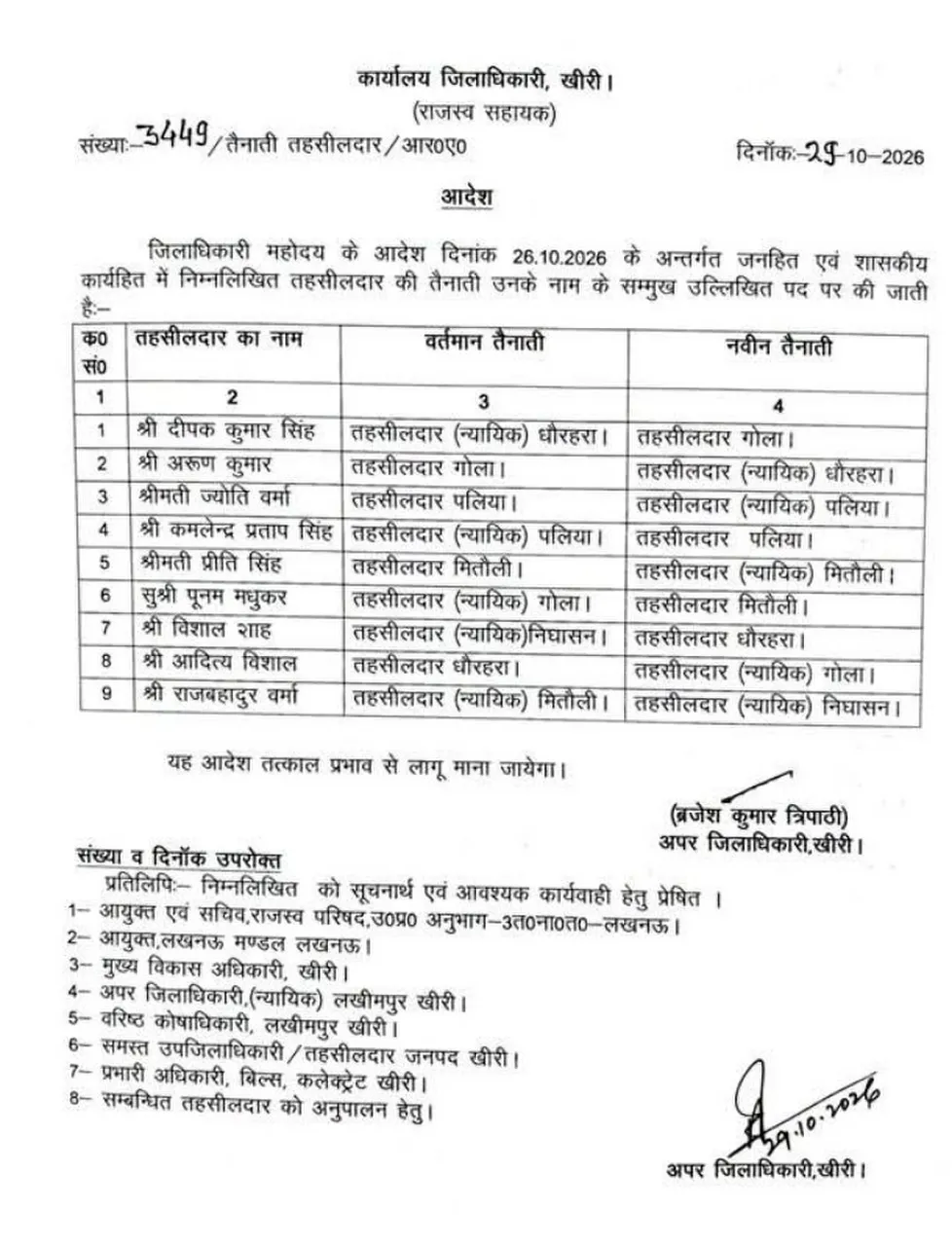 खीरी में प्रशासनिक फेरबदल: 9 तहसीलदारों के हुए तबादले, नई तैनाती के आदेश जारी