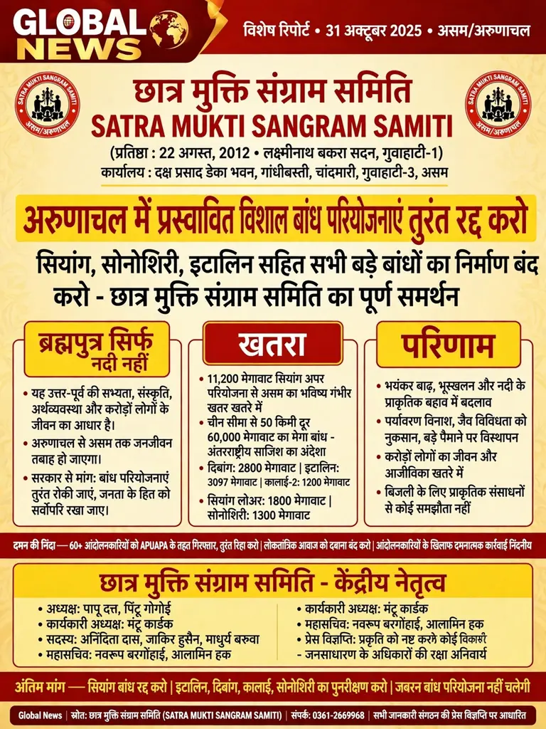 छात्र मुक्ति संग्राम समिति ने सियांग सहित सभी बड़े बांधों को रद्द करने की मांग की, अरुणाचल जन-आंदोलन को पूर्ण समर्थन -