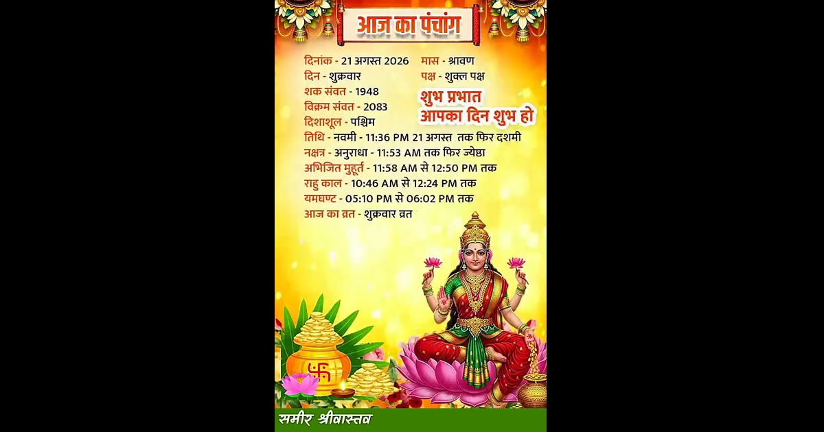 आज का पंचांग दिनाँक 21.08.2026