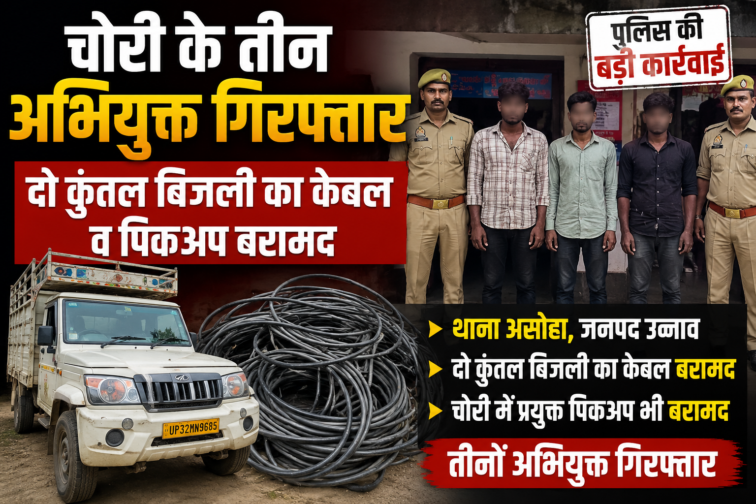 चोरी के तीन अभियुक्त गिरफ्तार, दो कुंतल बिजली का केबल व पिकअप बरामद उन्नाव। अपराध एवं अपराधियों के विरुद्ध चलाए जा रहे अभियान के तहत थाना असोहा पुलिस को बड़ी सफलता मिली है। पुलिस ने बिजली के केबल चोरी के मामले में तीन अभियुक्तों को गिरफ्तार किया है। पुलिस ने इनके कब्जे से करीब दो कुंतल बिजली का केबल तथा घटना में प्रयुक्त पिकअप वाहन बरामद किया है। गिरफ्तार तीनों अभियुक्तों को आवश्यक कार्रवाई के बाद न्यायालय भेज दिया गया। पुलिस के अनुसार, 21 अगस्त 2026 को थाना असोहा में मु0अ0सं0 230/2026, धारा 305(E)/331(4)/317(2) बीएनएस के तहत मुकदमा दर्ज किया गया था। मामले की जांच के दौरान पुलिस टीम ने अभियुक्तों की तलाश शुरू की। इसी क्रम में 22 अगस्त 2026 को थाना असोहा पुलिस ने मुखबिर की सूचना एवं जांच के आधार पर मुकदमे से संबंधित तीन अभियुक्तों को चंदनखेड़ा पुल के पास से गिरफ्तार किया। तलाशी के दौरान उनके कब्जे से चोरी का करीब दो कुंतल बिजली का केबल बरामद हुआ। पुलिस ने घटना में प्रयुक्त पिकअप वाहन को भी कब्जे में ले लिया।
