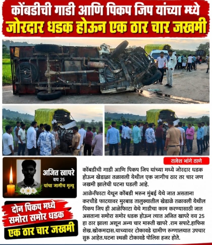 टोकावडे जवळील करचोंडे फाटा येथे दोन पिकअप वाहनांची समोरासमोर धडक होऊन झालेल्या भीषण अपघातात तीन जणांचा मृत्यू झाला असून दोन जण गंभीर जखमी झाले आहेत. टोकावडे जवळील करचोंडे फाटा येथे आज सकाळी दोन पिकअप वाहनांमध्ये समोरासमोर धडक झाली. या भीषण अपघातात तीन जणांचा जागीच मृत्यू झाला. अपघाताची माहिती मिळताच स्थानिक पोलीस आणि बचाव पथक घटनास्थळी दाखल झाले. अपघाताची तीव्रता इतकी जास्त होती की दोन्ही वाहने चक्काचूर झाली. मदत आणि बचाव कार्य तातडीने सुरू करण्यात आले. जखमींना तातडीने जवळच्या रुग्णालयात उपचारासाठी दाखल करण्यात आले आहे. मृतांचा आकडा वाढण्याची शक्यता वर्तवली जात आहे. या अपघातामुळे महामार्गावर काही काळ वाहतूक कोंडी झाली होती. पोलिसांनी घटनास्थळी पोहोचून वाहतूक सुरळीत केली. अपघाताचे नेमके कारण अद्याप स्पष्ट झालेले नाही, मात्र प्राथमिक अंदाजानुसार निष्काळजीपणे वाहन चालवणे हे कारण असू शकते. पोलिसांनी या प्रकरणी अधिक तपास सुरू केला आहे.मृत्यू मध्ये मुलगा वडील आणि त्यांचा नातेवाईक, राम सपाट, मारुती खापरे, अजित खापरे. रा खेडले तळवळी ता मुरबाड जि ठाणे.हॆ आहेत.
