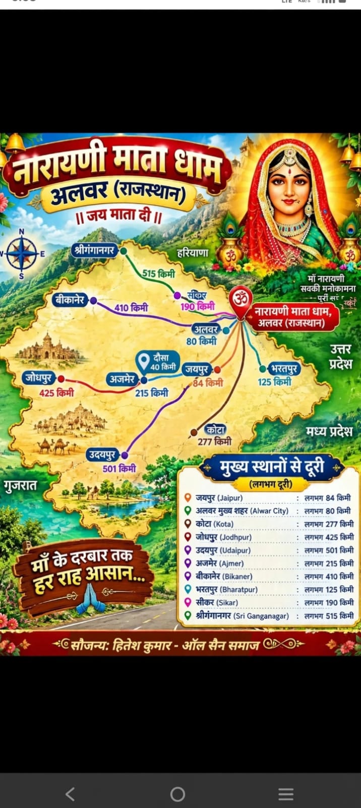 सैन समाज की कुलदेवी मंदिर अखिल भारतीय नारायणी धाम बल्देवगढ़ अलवर राजस्थान ये बहुत पवित्र स्थल है मां नारायणी के वरदान से आज भी धरती से उपर पानी अविरल चल रहा है प्यासों की प्यास बुझा रहा है। यहां एक बड़ा ही मनोरम व सौंदर्य से विहंगम दृश्य है कभी मौका मिले अवसर हाथ से जाने न दे।